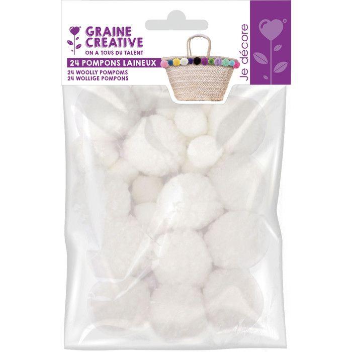 Pompons Laineux 1,5 et 3,0 cm Neige 24 pièces