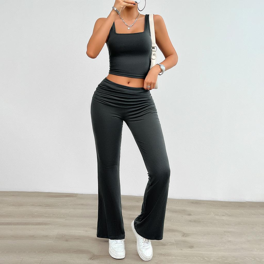 Women's Summer Casual Knitted Solid Color Sleeveless Vest Tight Trousers Set
