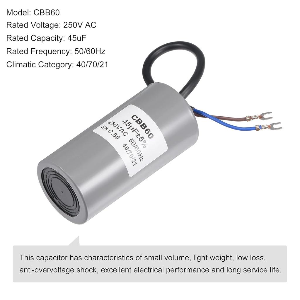 MECCANIXITY CBB60 Run Capacitor 45uF 250V AC 2 Wires 50/60Hz Cylinder Motor Running Capacitor 104x50mm with Terminal for Air Compressor Water Pump