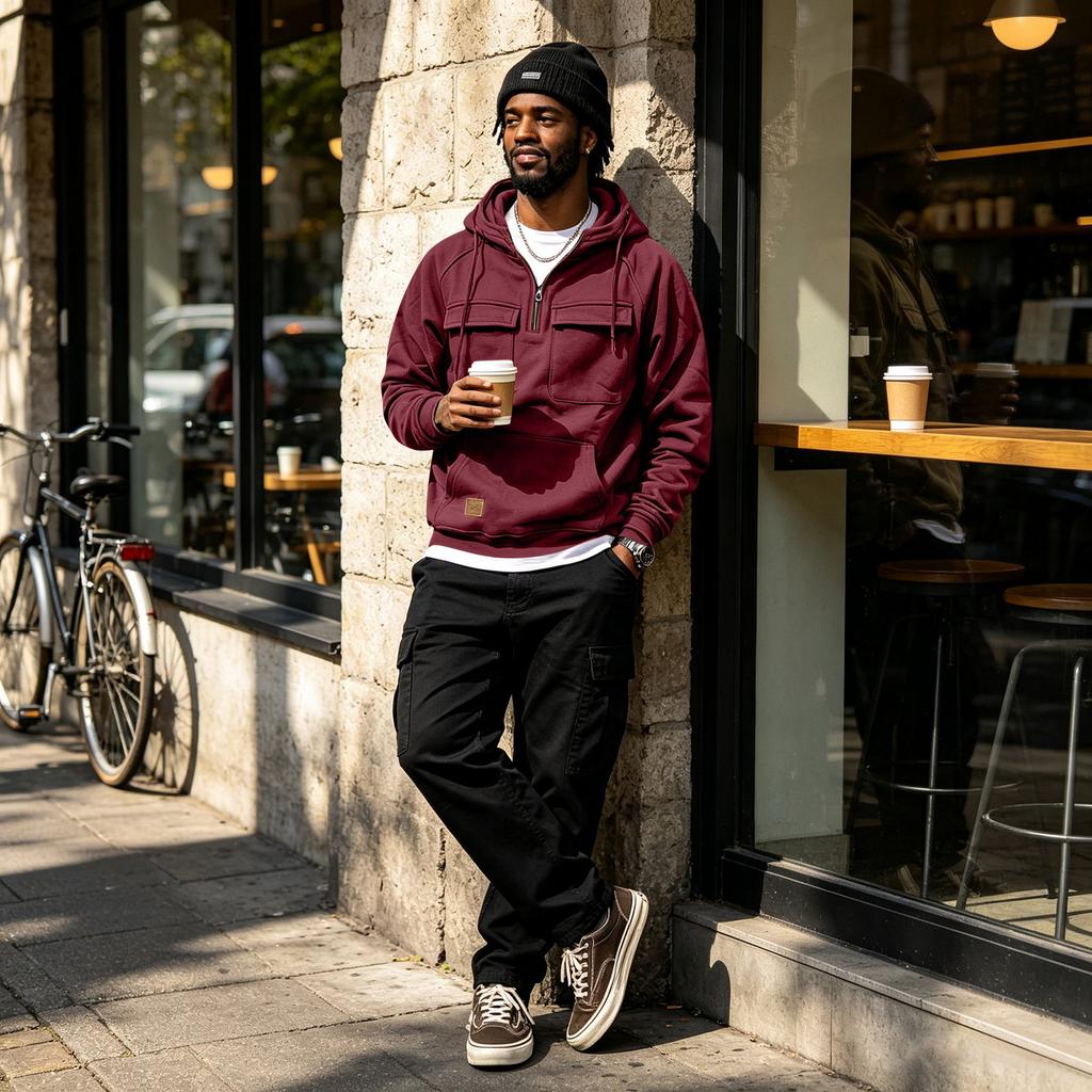 Men's Lined Hooded Pullover Sweatshirt with Multiple Pockets