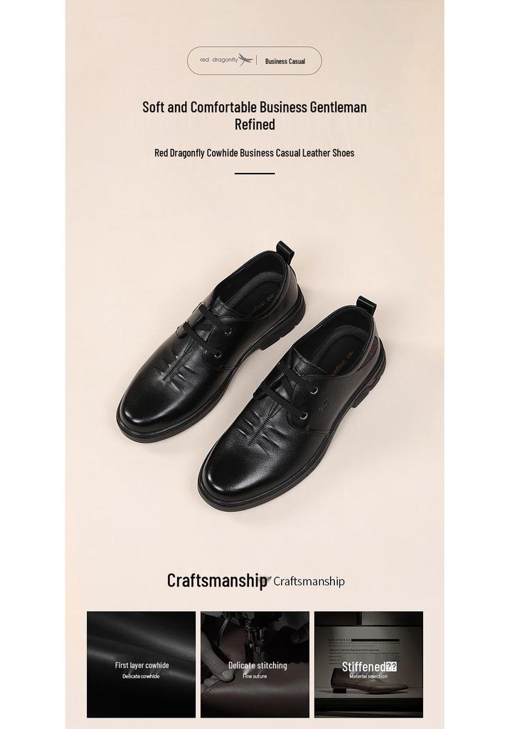 Red Dragonfly Men's Genuine Leather Business Casual Shoes - Autumn Style, Comfortable Cowhide Commuter Shoes for Middle-Aged Dads.