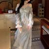Early Autumn Seaside Tourism Temperament Gray-blue Smudged Fairy Butterfly Bronzing Lotus Leaf Edge Long-sleeved Dress Woman