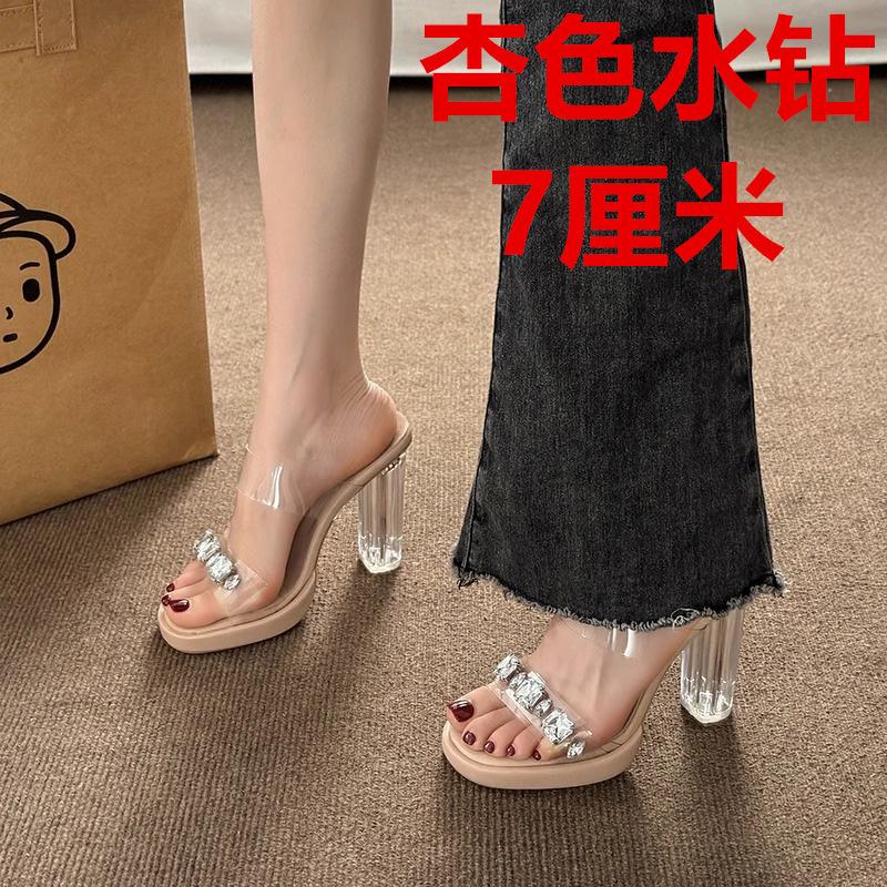 

French rhinestone transparent crystal heel sandals women s summer word belt high sense thick heel slippers high heels wear sandals 35