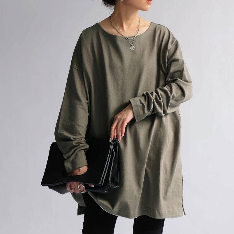 Autumn Minimalist Mid Length Long Sleeved T-shirt for Women Loose Casual Round Neck Pullover Solid Color Base Shirt T-Shirts Women’s
