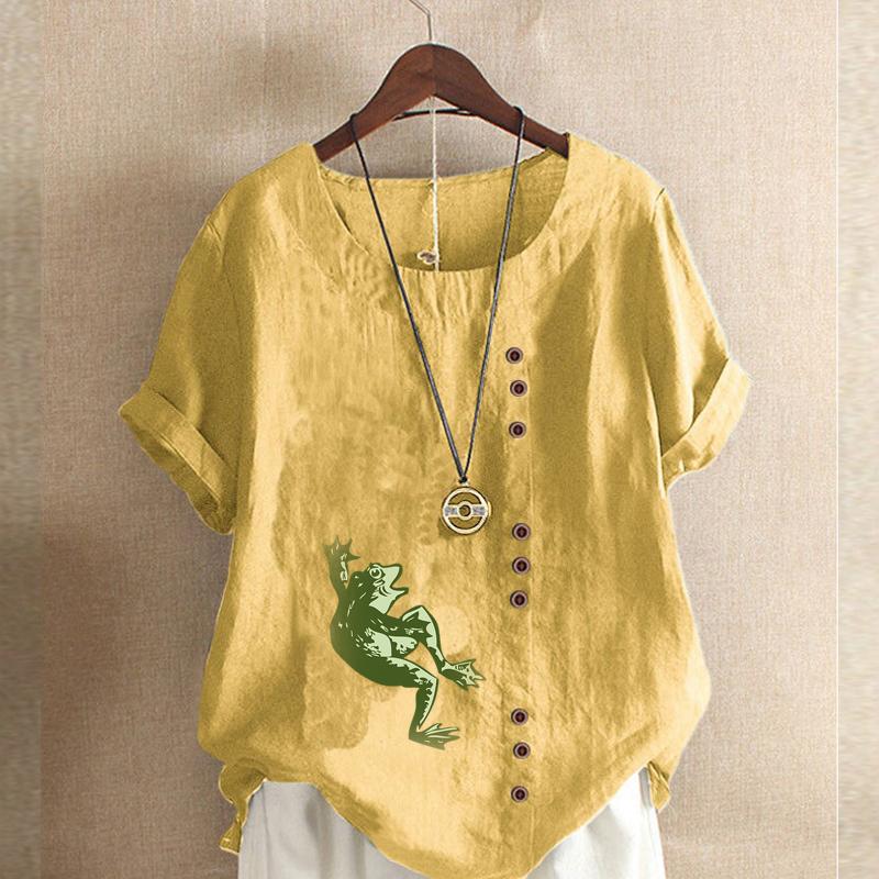 Women's Fashion Frog Prined Short Leeve T-shirt Loose Cotton Shirt Casual Loose Summer Blouse Tops Plus Size