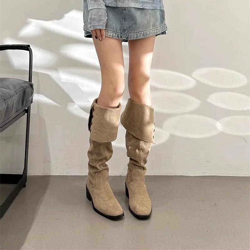 New Vintage Women'S High Heel Slim Boots Long Denim Boots Middle Heel Stackable Western Style Rubber Material Fall Winter