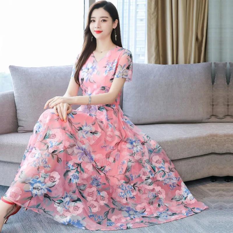 Summer Korean Version Dress New Printed Large Size Skirt Long Female Mother Floral Middle-aged and Elderly Beach Skirt