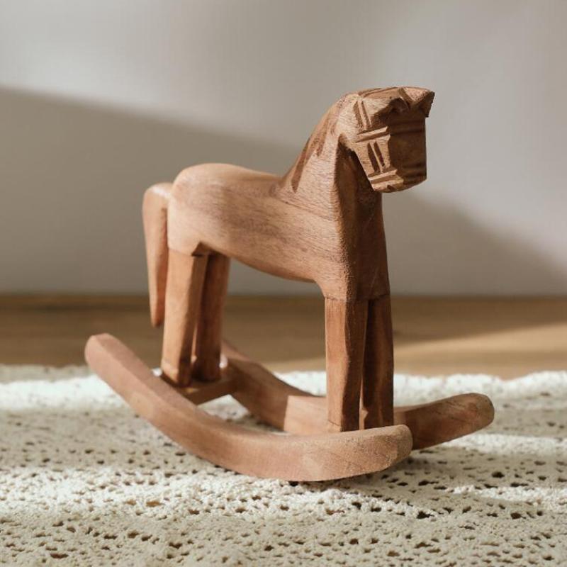 Hand Carved Wooden Rocking Horse Ornament Retro Mediterranean Style Horse Creative Desktop Decoration Commemorative Gifts