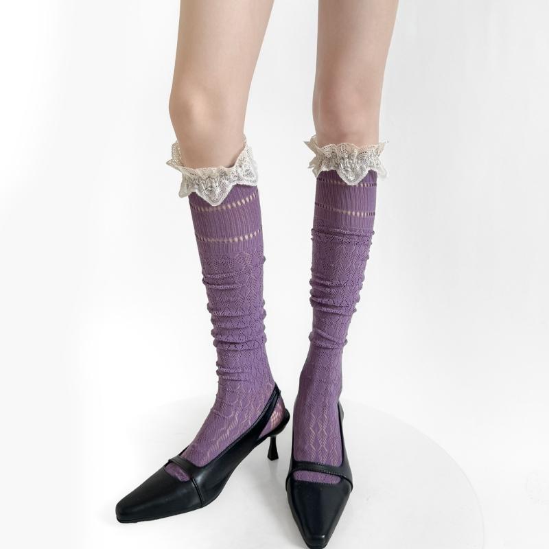 Women Nylon Stretch Thigh High Stockings With Lace Trim and Mesh Detailing Hollowout Over the Knee Socks for Daily Use