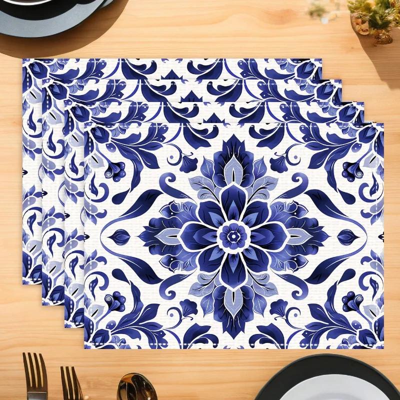 1 STuks 30x45cm Blauw En Wit Keramische Stijl Geometrisch Bohemien Placemat Tafelkleed Set Voor Koffiemok Kom En Borden Decoratie
