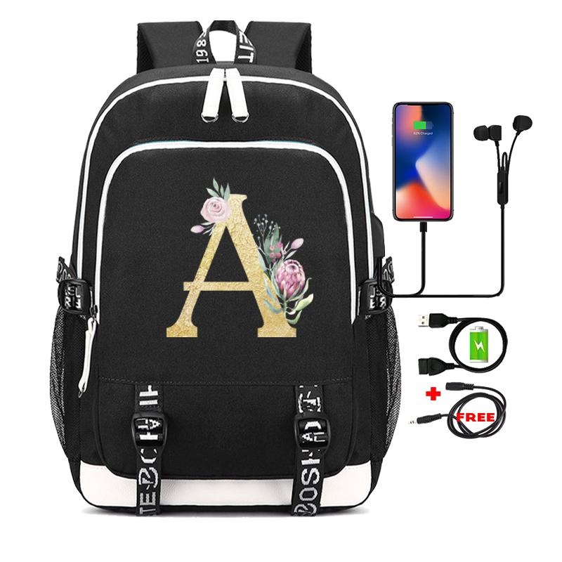 26 English Letters Black Backpack Cosplay Canvas Rucksack Children Kids Schoolbag Travel Bag Back To School Bookbag