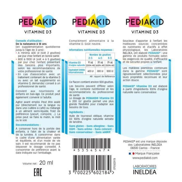 Pediakid Vitamine D3 Gouttes 200UI - Flacon Verre 20ml - Soutient Les Defenses Naturelles - Goût Neutre