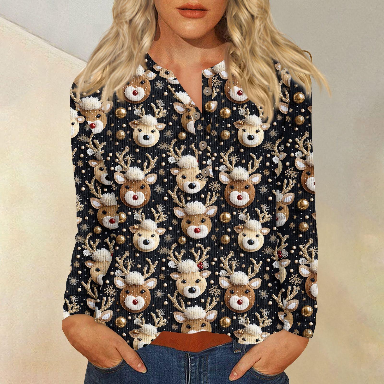 

Жен. Футболка Футболка С принтом Пуговицы Длинный рукав Повседневные Выходные Мода Классический V-образный вырез Обычный Верх M чёрный