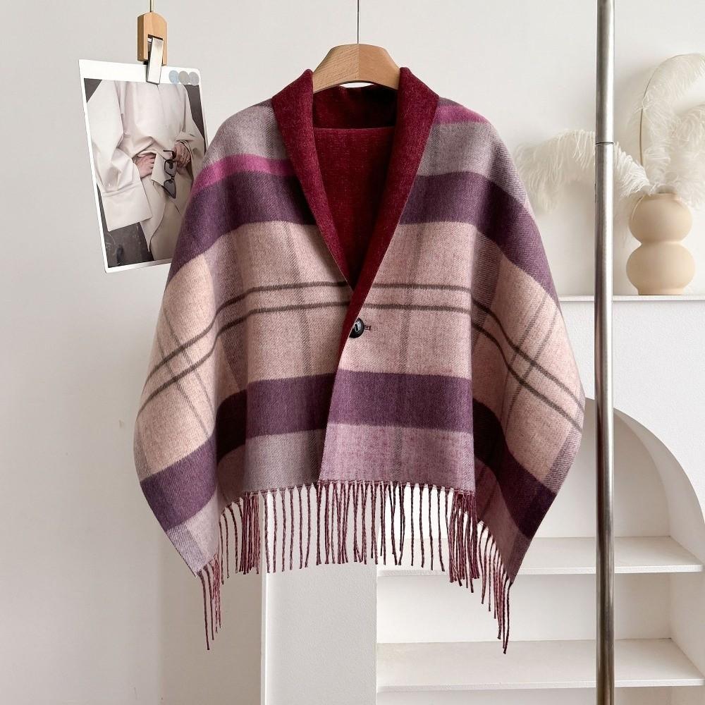 Faux Wool Double‑Sided Plaid Poncho Shawl Thick Knit Checkered Fringe Cape Blanket Shawl Winter