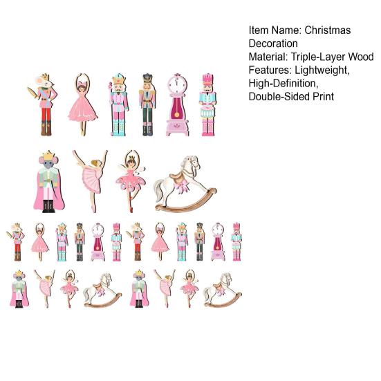Handmade Christmas Tree Charms 10/20/30Pcs Nutcracker Wooden Ornaments, Pink Watercolor Hanging Decor with Cute Ornament Set for Kids Ballerina, Horse
