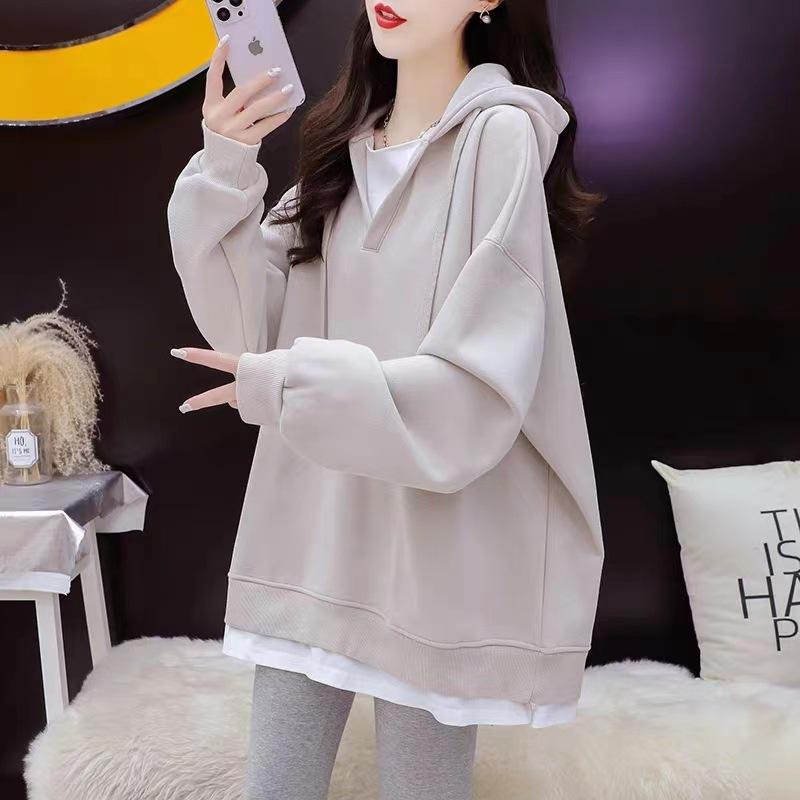 

Spring and Autumn new fake two-piece hooded sweater women s contrasting color splicing design sense loose medium and long top 2xl size [recommended 75-85kg]