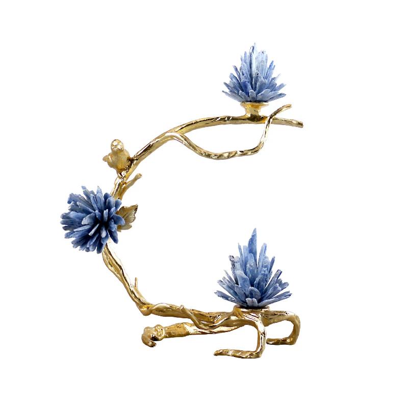 Natural Crystal Stone Branches Golden Bird Metal Branch Sculpture Golden Tree Metal Figurine Room Decoration Accessories