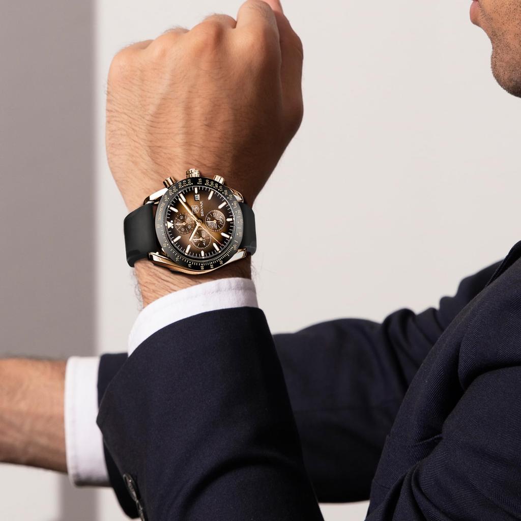 Benyar Men's Chronograph Watch 30M Water Resistant Formal Leather Band Quartz Stylish Brown Silver Blue