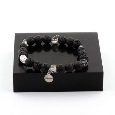 Stones and Minerals. Quartz Bracelet with Tourmaline Inclusions from Brazil + Lava Beads 8 Made In France.