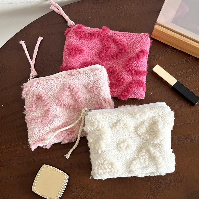 Cute Sweet Lambswool Love Heart Cosmetic Bag Large Capacity Travel Portable Girl Makeup Storage Bag Toiletry Bag Clutch Bag Gift