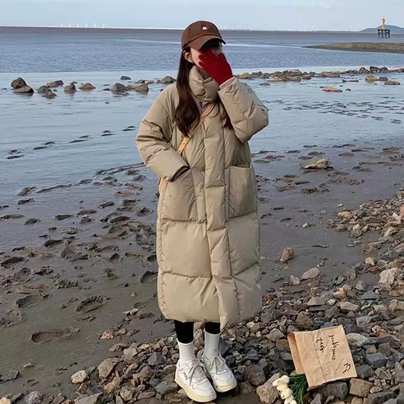 Women's Solid Color Korean Style Down Jacket - Medium To Long, Thickened, Loose Fit, Stand Collar, Cold-Proof, Large Size.