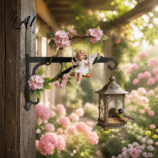Decorative Garden Wall Mount Swing Angel Plant Hanger Cute Girl Bracket Small Space Hanger Metal Hook for Hanging Flower Basket Bird Feeder