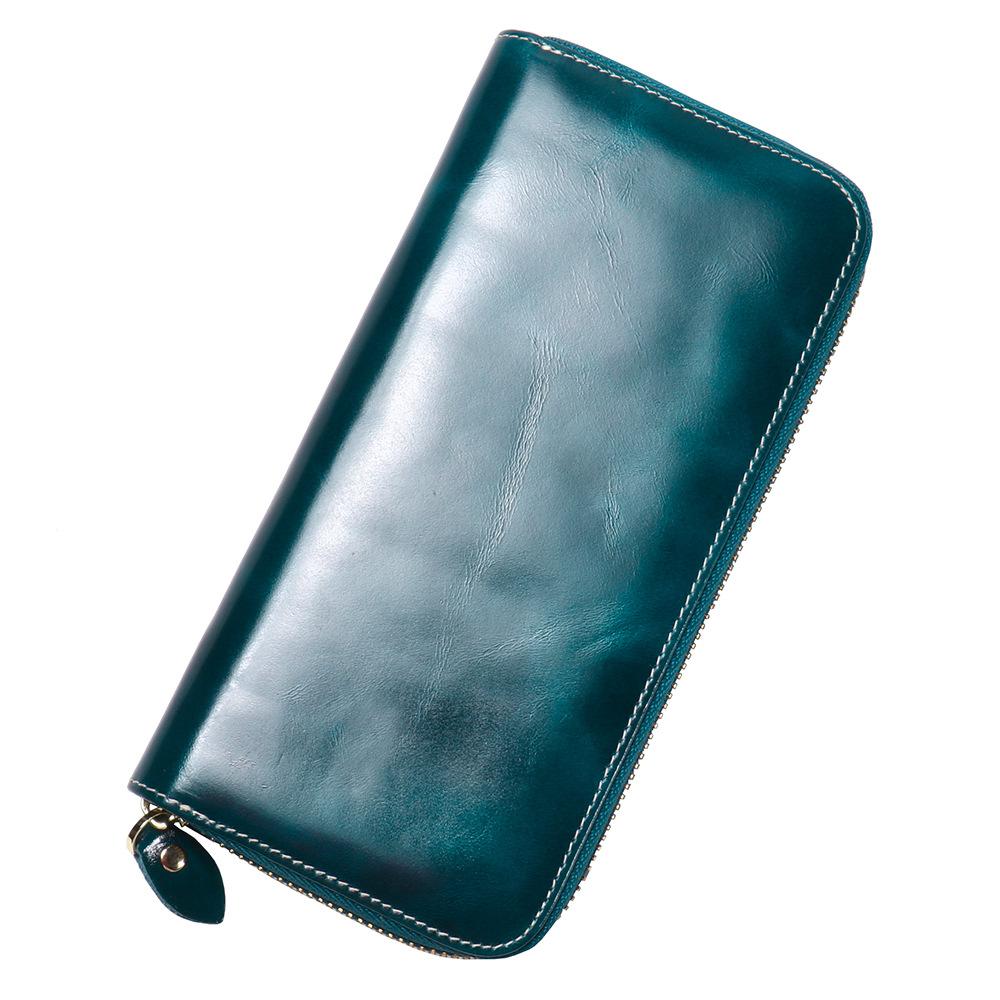 Women'S Leather Long Zipper Clutch Bag Oil Wax Leather Wallet Cowhide Change Bag Key Card Bag