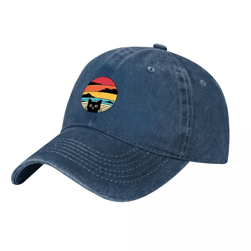 Vintage Sunset Cat Logo Washed Canvas Baseball Cap Classic Retro Design Comfortable Adjustable Fit Unisex Streetwear Style Hat