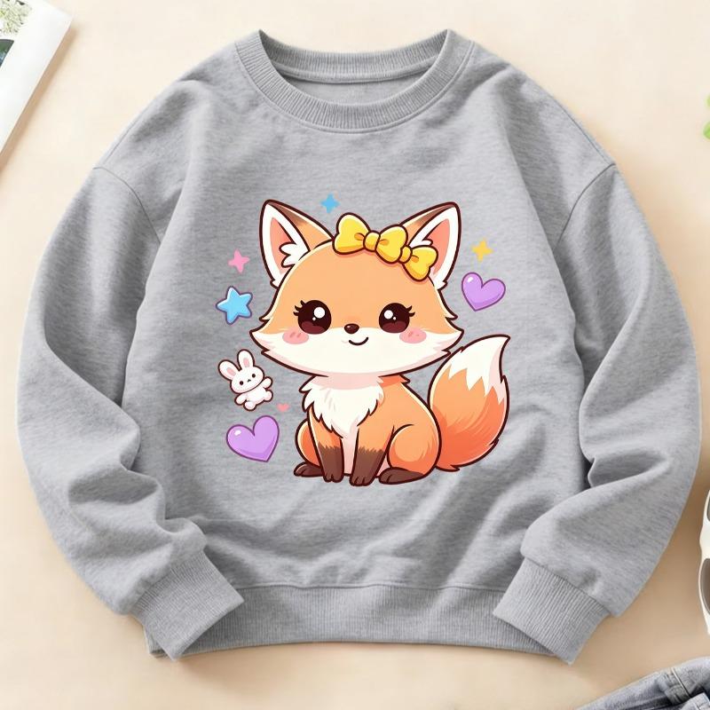 Kids Crewneck Long Sleeve Sweatshirt, Soft Cute Healing Bow Little Fox Print, Warm Comfortable Top