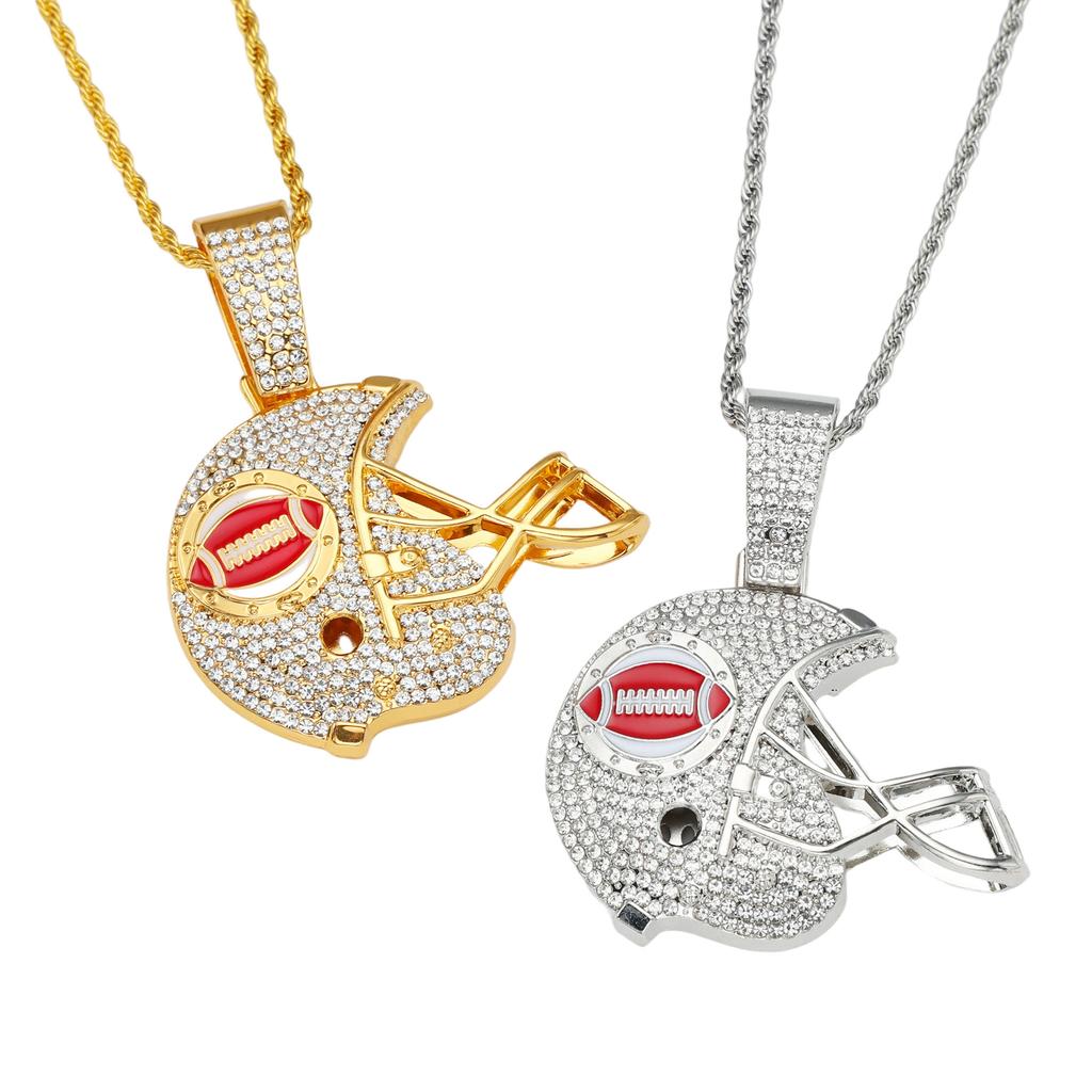 New hip-hop full diamond trend bouncing football helmet pendant with 5mm twist chain necklace