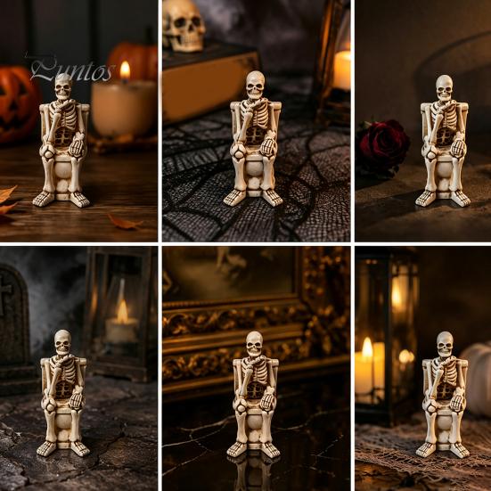 Miniature Skeleton Figure on Toilet Figurine, Funny Gothic Bathroom Statue, Spooky Aged Texture Figurine Halloween Resin Ornament for Home Office