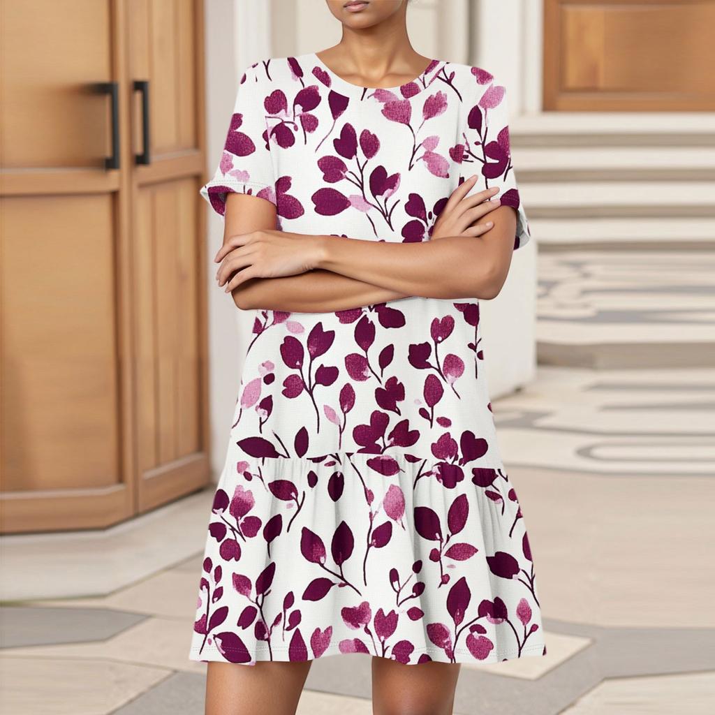 Damska Moda Casual Sukienka z Okrągłym Dekoltem i Krótkim Rękawem z Nadrukiem Liści i Kwiatów