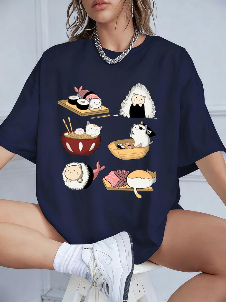 Kawaii Sushi Cats Printing TShirts Womens Summer Cotton Short Sleeve T Shirt Loose ONeck Comfortable Tops Casual Woman Clothes