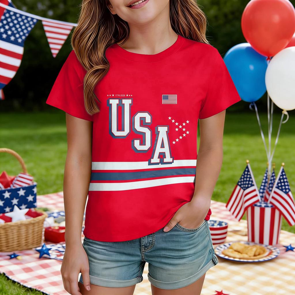 Kids Independence Day Print Round Neck Short Sleeve Casual T-shirt