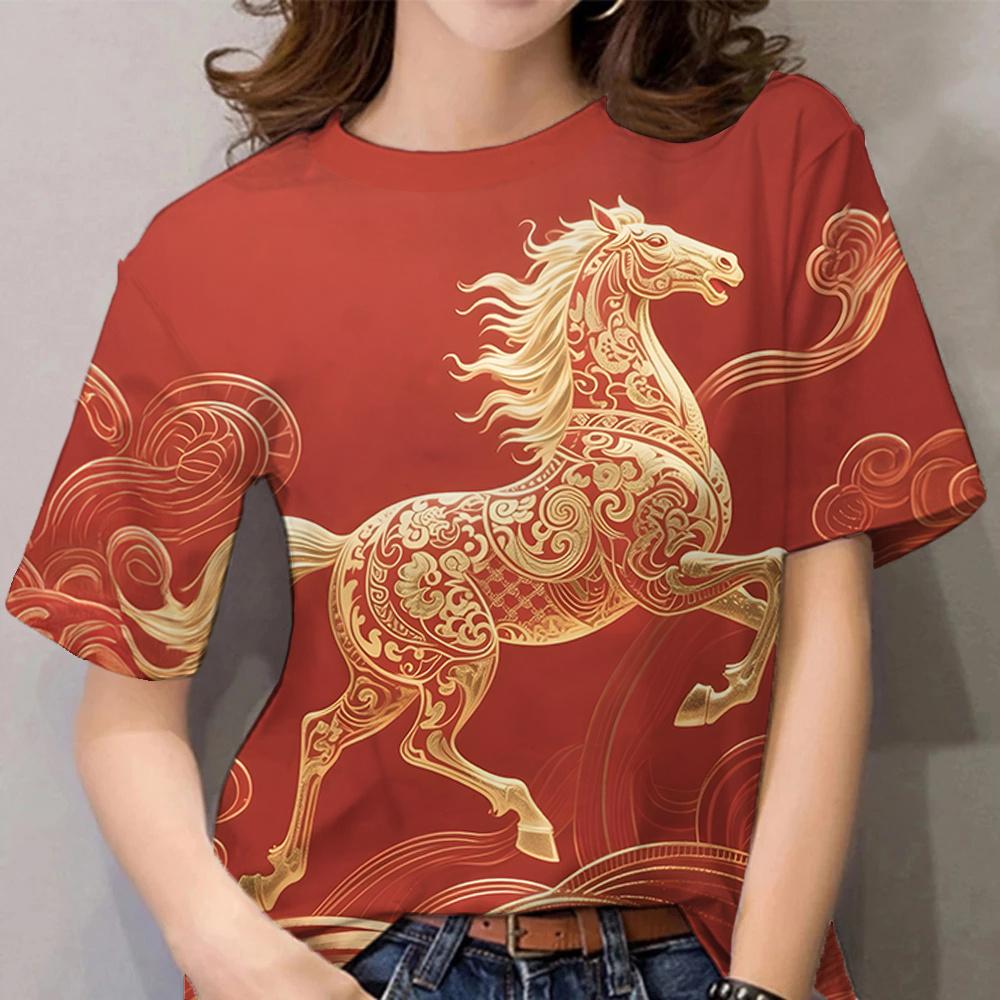 Pferde-Muster T-Shirts Floral 3D-Druck Damen Freizeit O-Ausschnitt Kurzarm T-Shirt Harajuku Lässige T-Shirts Y2k Tops Damenbekleidung