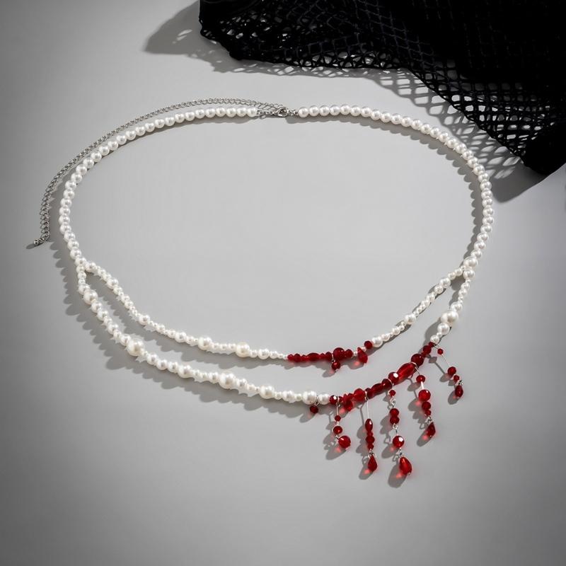 Gothic Blood-Stained Imitation Pearls Foot Ornament Novel Halloween Blood Drop Tassels Body Waist Chain for Women Girls