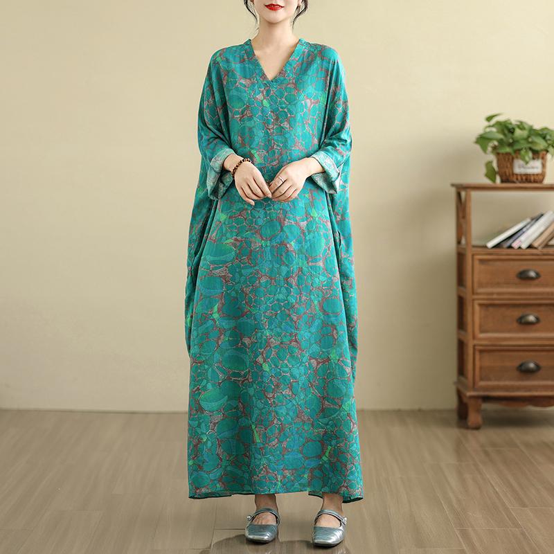 DIMANAF 2025 Women Plus Size Spring Long Dress Loose V-Neck Printing Vintage Casual Floral Oversize Long Sleeve 5033