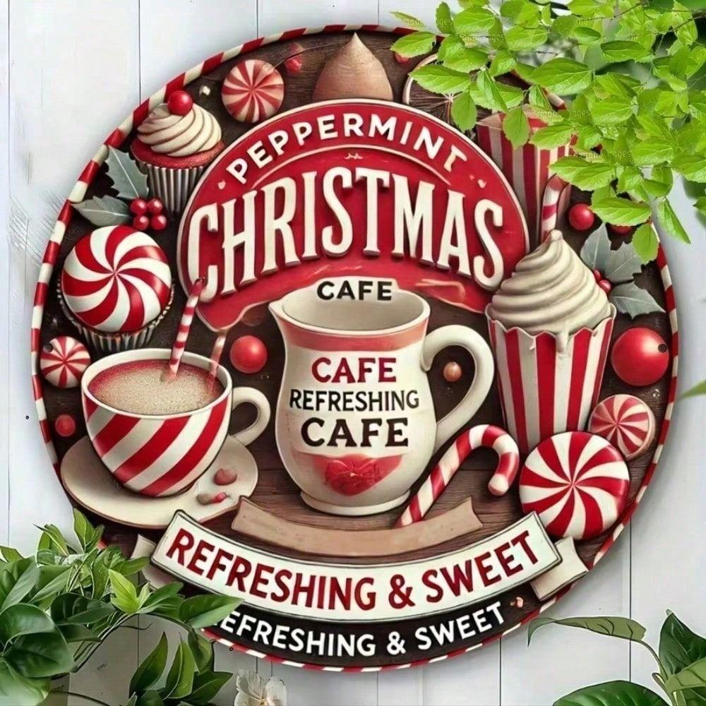Metal Wall Art Sign, Christmas Cafe Mint Round 8x8, Holiday Kitchen Decor