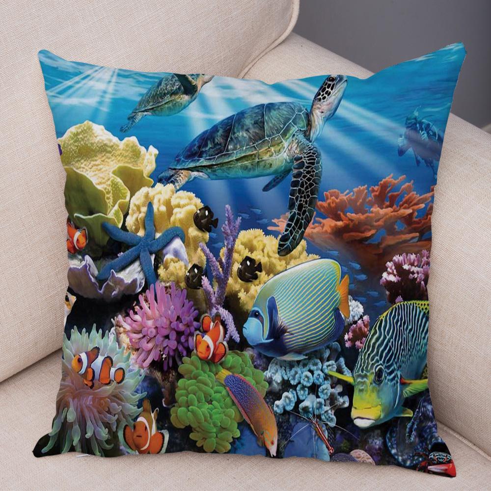 Marine Turtle Dolphins Shark Cushion Cover Short Plush Decor Colorful Ocean Animal Pillowcase Pillow Case for Sofa Home Car