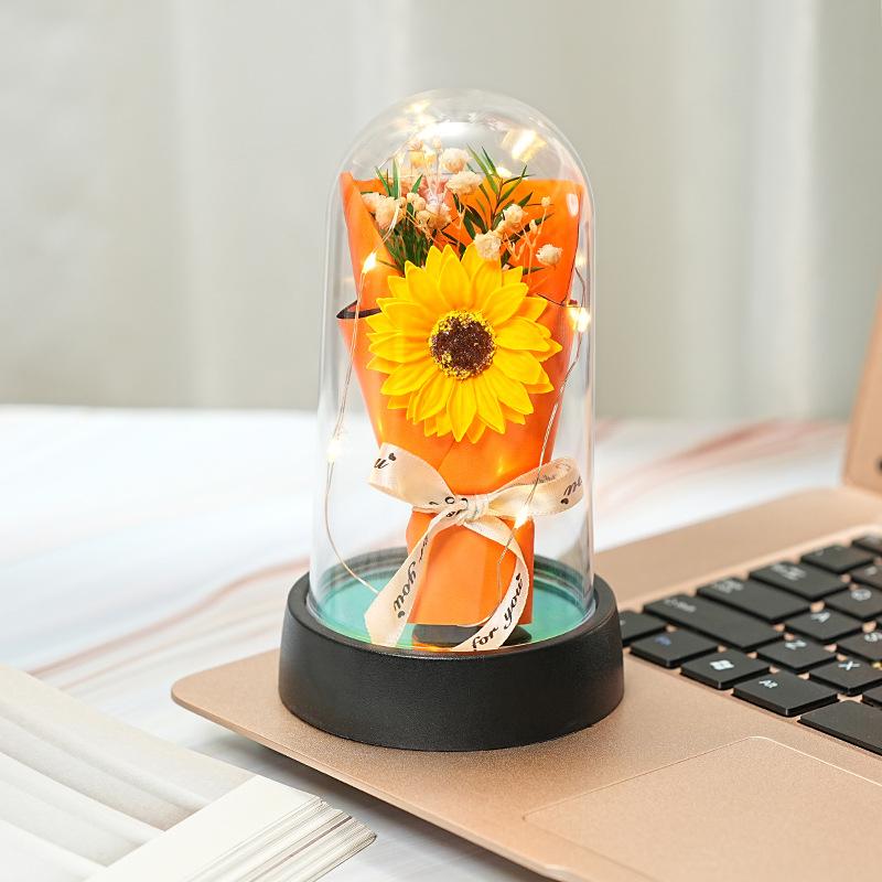 Handmade Artificial Flower Rose Sunflower Desktop Ornament with Led Lights Romantic Home Decor Gifts for Valentines Day Gift