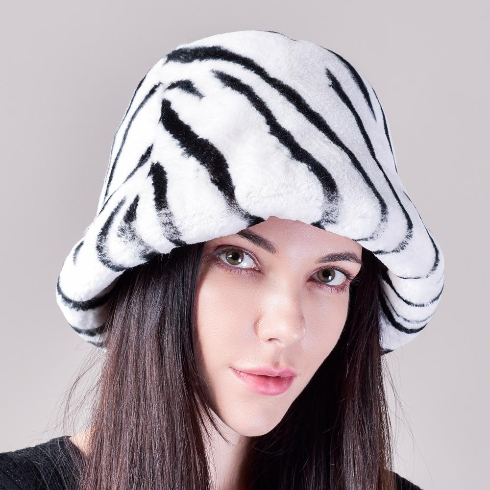

Rex Rabbit Hair Zebra Striped Bucket Hat Female Autumn and Winter Washbasin Hat Big Head Circumference Covering Face Fisherman Fur Hat