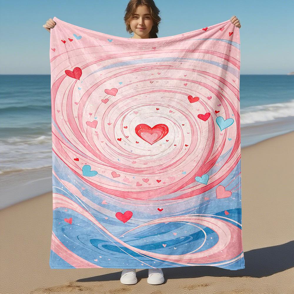 1pc Heart Swirl Outdoor Flannel Blanket Soft Warm All-Season Throw for Sofa Bed Car Camping Office, Cozy Gift Idea1258S