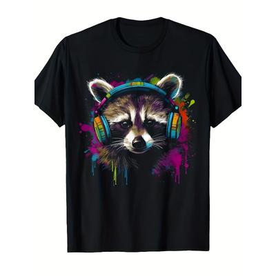 Europäische Größen Herren Retro Waschbär Musik Kopfhörer Grafik T-Shirt - mit Neon Graffiti Kunst, 80er Jahre Inspiriertes Lässiges Kurzarm-T-Shirt