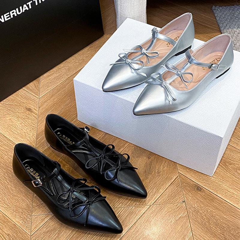Fashion Pointed Toe Double Bowtie Flat Shoes Woman Silver Leather Ballet Flats Ankle Belt T-strap Moccasins Women Mary Janes Big Size 43