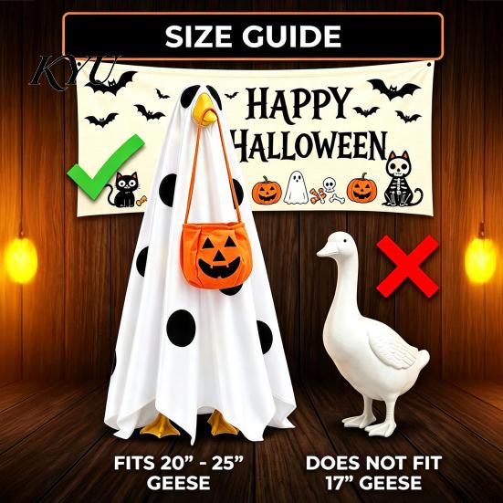 Lighted Goose Statue Halloween Ghost Porch Outfit And Flag Set for 23 Inch Statue, Decorative Garden Figure Spooky Clothes with Pumpkin Bucket Outdoor