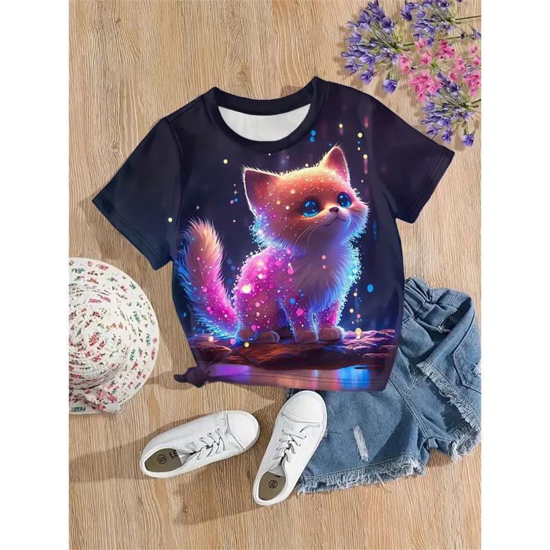 

Смешные футболки для девочек, летний топ с короткими рукавами, мультяшные животные, кот, 3D-принт, 2025, одежда для девочек, модные повседневные футболки 160