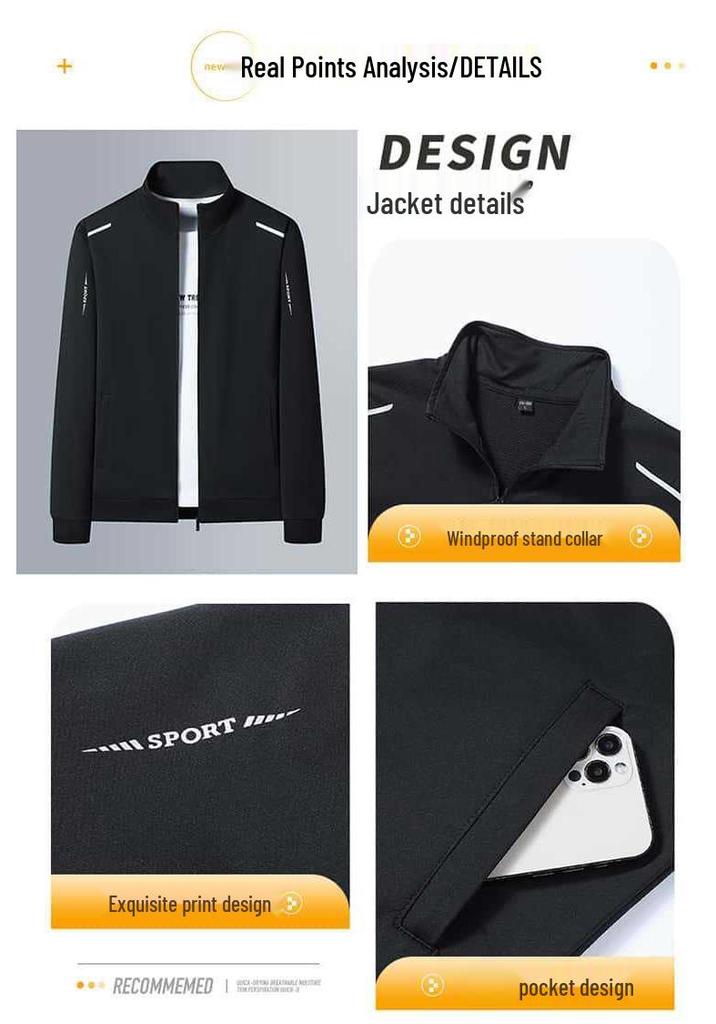Men's Solid Color Sportswear Set: Stand Collar Cardigan & Long Pants.