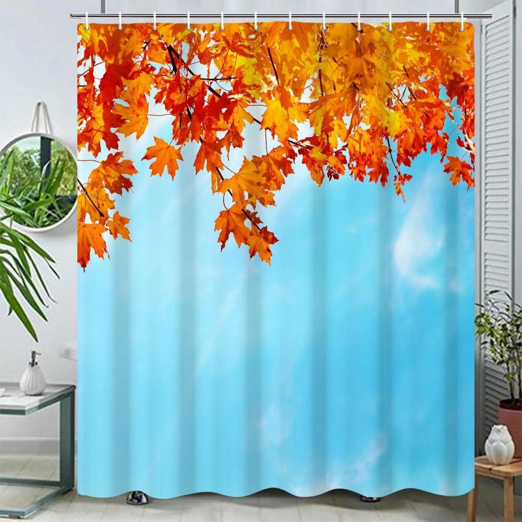 Fall Maple Leaves Shower Curtain Autumn Gold Yellow Leaf Blue Sky Natural Scenery Bath Curtain Festival Seasonal Bathroom Decor