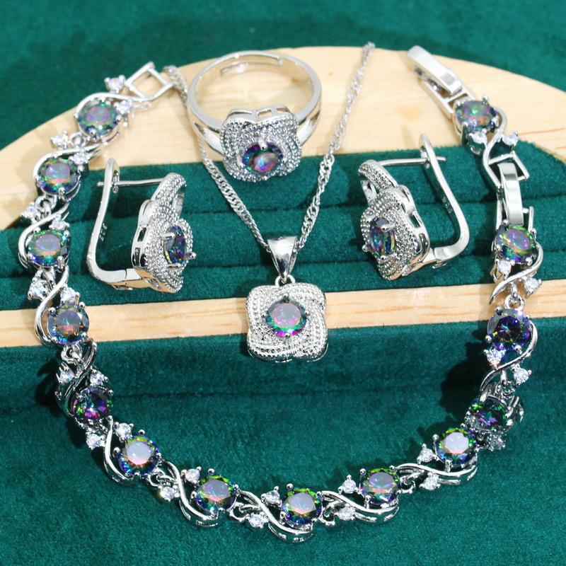 Europe and The United States Hot Zircon Bracelet Necklace Earrings Open Ring Jewelry Set