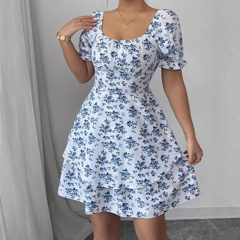 Blaues Blumenkleid Damenbekleidung Großhandel sheintemu Blume Ballonärmel Spitze Großhandel